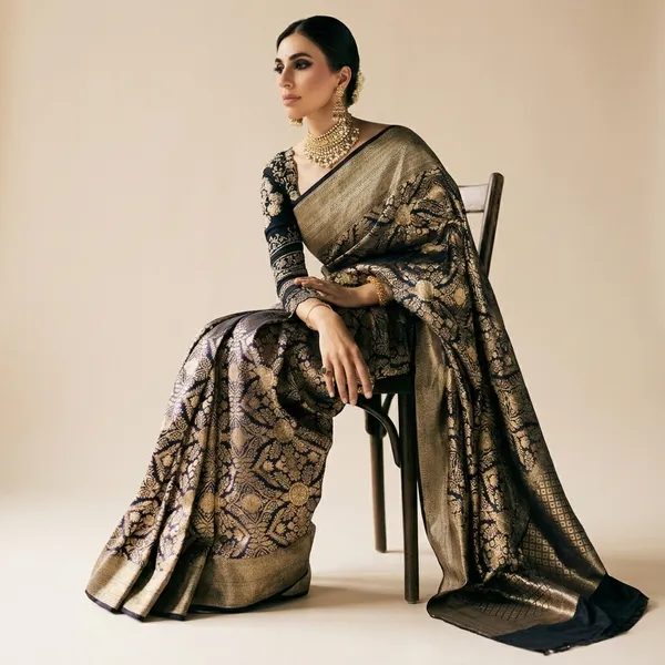 Black_Banarasi_Silk_Saree_With_Golden_Zari_Weaving_For_Women