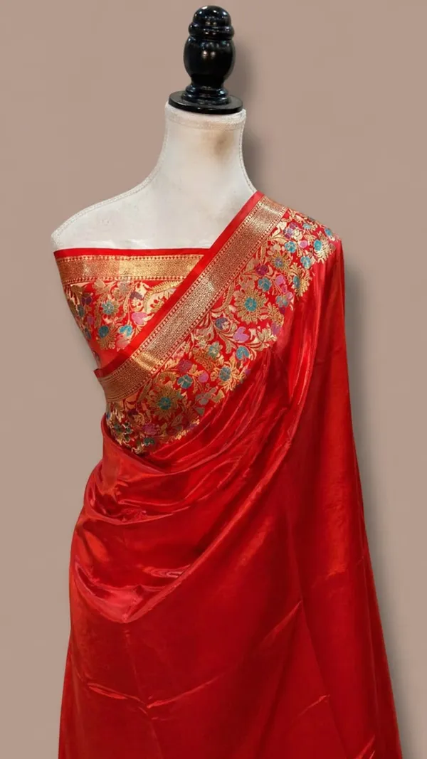 Red_Silk_Banarasi_Saree_With_Floral_Zari_Border_For_Women