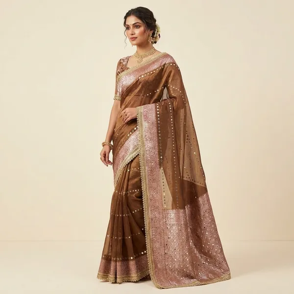 Mustard_Organza_Sequin_Work_Saree_With_Blouse_For_Women