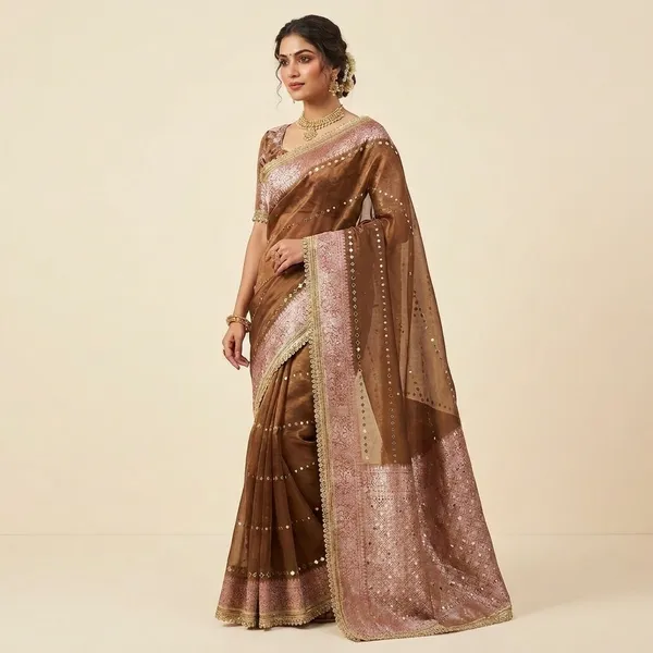 Mustard_Organza_Sequin_Work_Saree_With_Blouse_For_Women