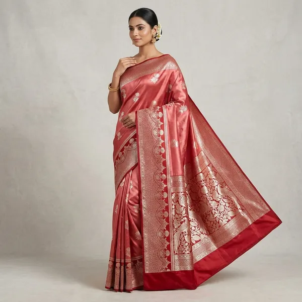 Red_Silk_Banarasi_Saree_With_Zari_Floral_Motifs_And_Border_For_Women