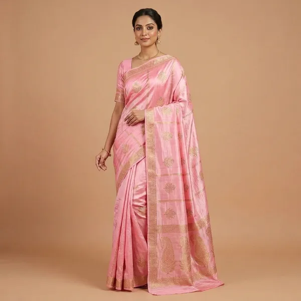 Pink_Silk_Embroidered_Saree_With_Golden_Border_For_Women