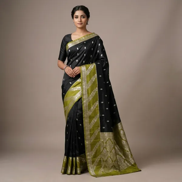 Black_And_Olive_Green_Premium_And_Fancy_Design_Katan_Silk_Saree_For_Women