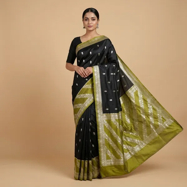 Black_And_Olive_Green_Premium_And_Fancy_Design_Katan_Silk_Saree_For_Women