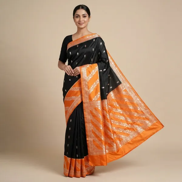 Black_And_Orange_Premium_And_Fancy_Design_Katan_Silk_Saree_For_Women