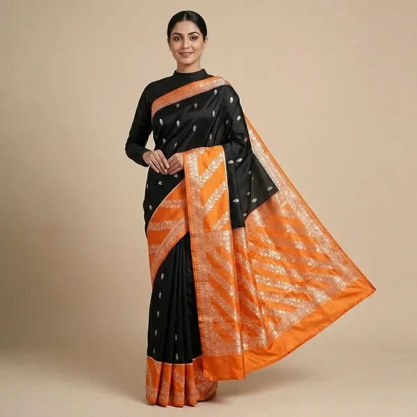 Black_And_Orange_Premium_And_Fancy_Design_Katan_Silk_Saree_For_Women