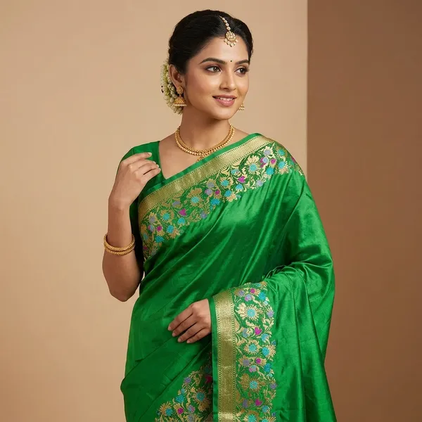 Green_Silk_Saree_With_Floral_Embroidered_Banarasi_Border_For_Women