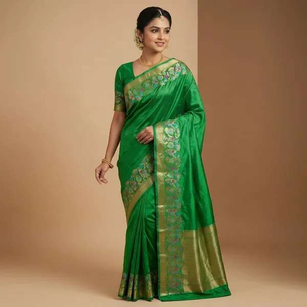 Green_Silk_Saree_With_Floral_Embroidered_Banarasi_Border_For_Women