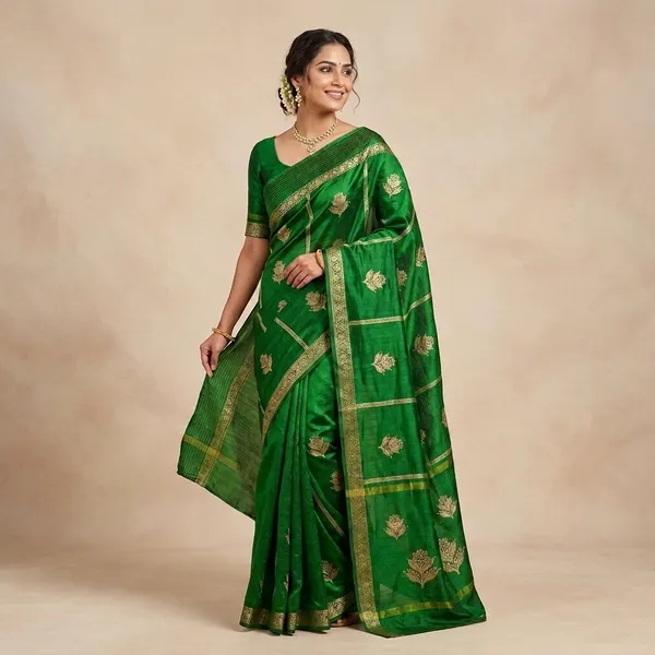 Green_Velvet_Embroidered_Saree_With_Golden_Motifs_For_Women