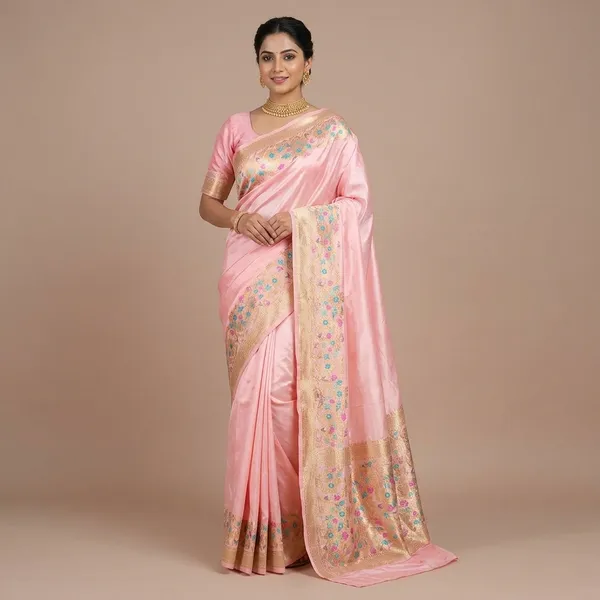Pink_Satin_Embroidered_Floral_Border_Saree_For_Women