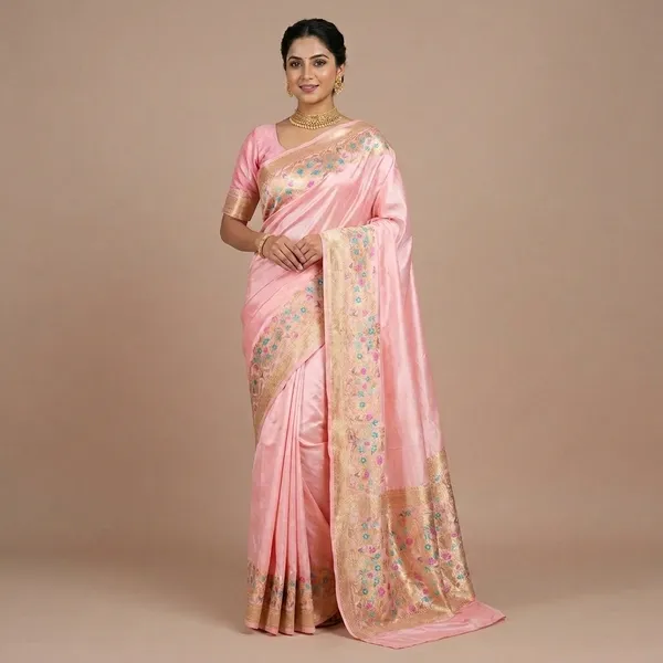 Pink_Satin_Embroidered_Floral_Border_Saree_For_Women