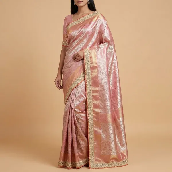 Pink_Silk_Floral_Brocade_Saree_With_Golden_Border_For_Women