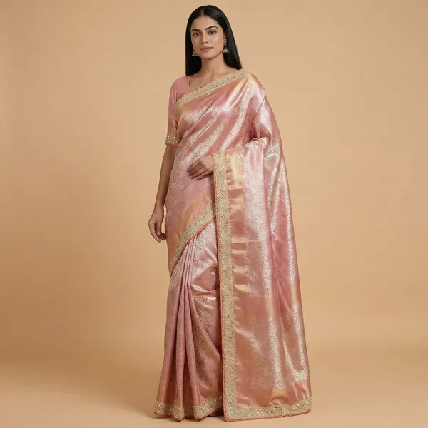 Pink_Silk_Floral_Brocade_Saree_With_Golden_Border_For_Women