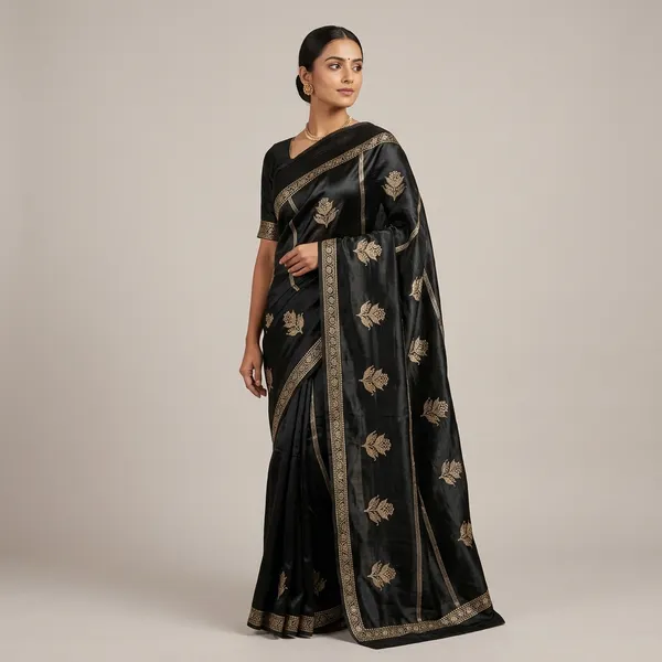 Black_Velvet_Embroidered_Saree_With_Golden_Leaf_Motifs_For_Women
