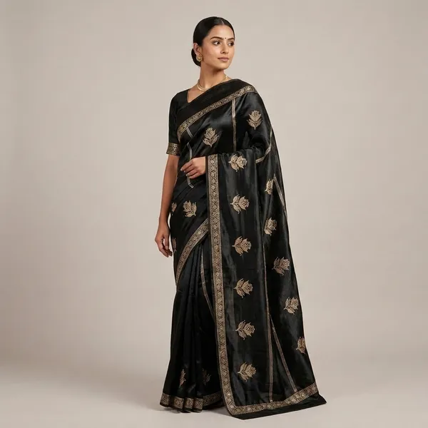Black_Velvet_Embroidered_Saree_With_Golden_Leaf_Motifs_For_Women