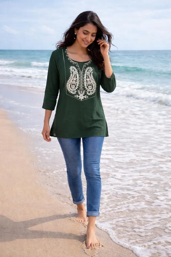 Dark_Green_Embroidered_Straight_Kurti_for_Women