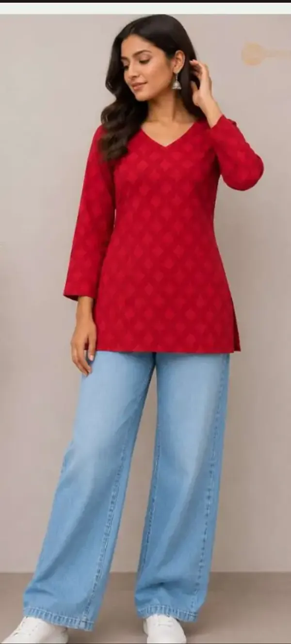 Red_Cotton_Relaxed_Short_Kurti_For_Women