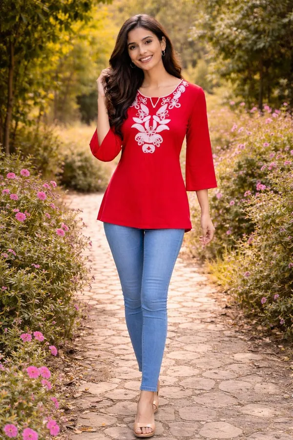 Red_Embroidered_Three_Quarter_Sleeve_Top_for_Women