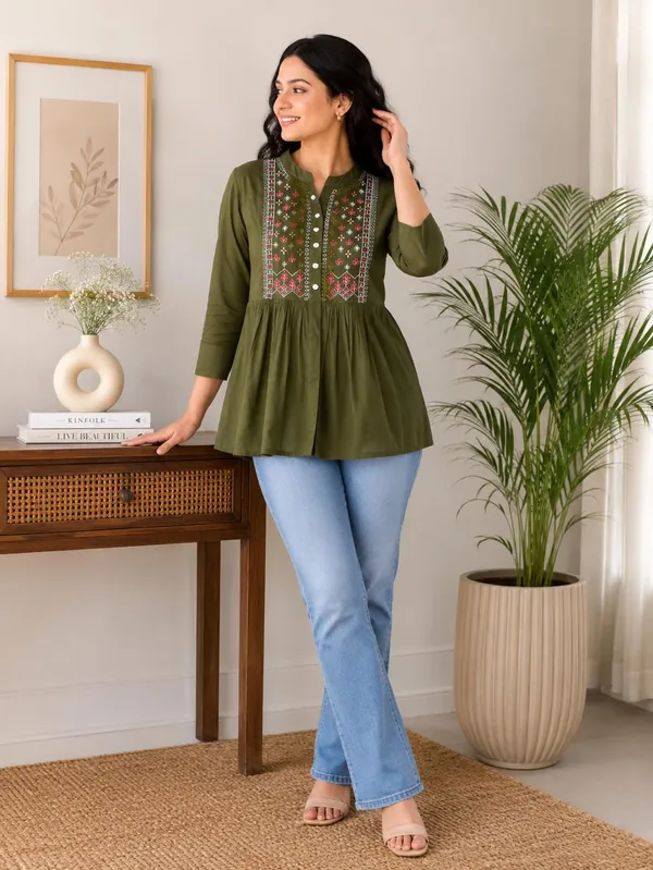 Olive_Green_Embroidered_Flared_Kurti_for_Women