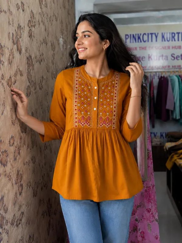 Mustard_Embroidered_Peplum_Top_for_Women
