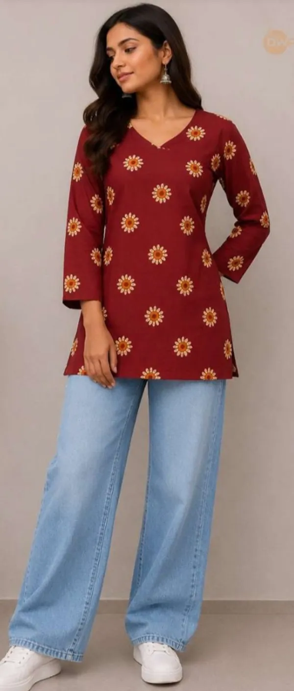 Maroon_Cotton_Floral_Print_V-Neck_Short_Kurti_For_Women