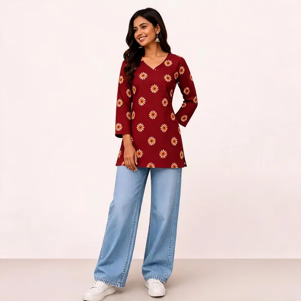 Maroon_Cotton_Floral_Print_V-Neck_Short_Kurti_For_Women