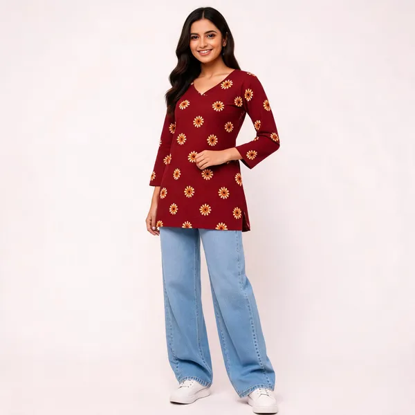 Maroon_Cotton_Floral_Print_V-Neck_Short_Kurti_For_Women