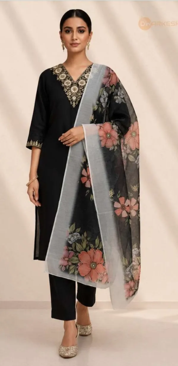 Black_Rayon_Slub_Straight_Embroidered_Suit_With_Floral_Dupatta_For_Women