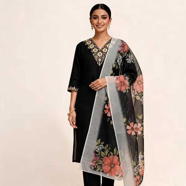 Black_Rayon_Slub_Straight_Embroidered_Suit_With_Floral_Dupatta_For_Women