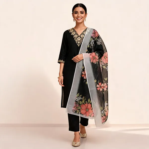 Black_Rayon_Slub_Straight_Embroidered_Suit_With_Floral_Dupatta_For_Women