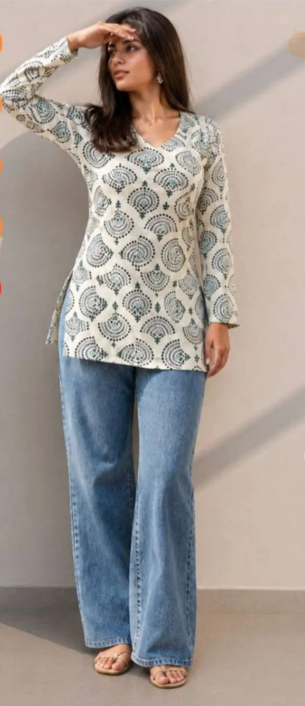 White_Cotton_Straight_Floral_Print_Short_Kurti_For_Women