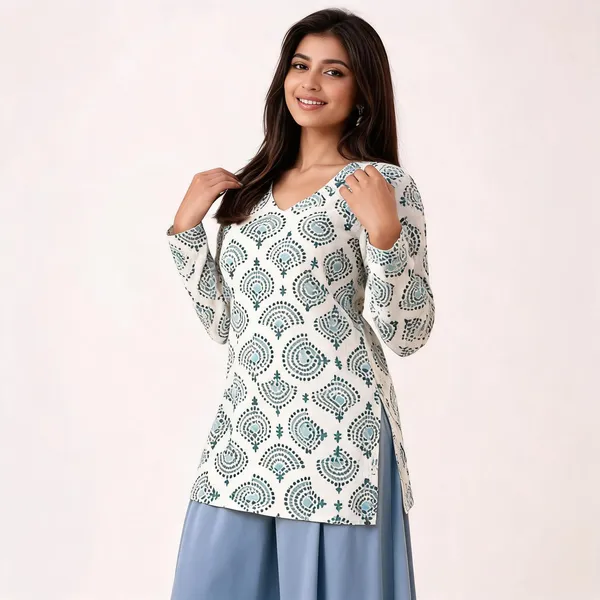 White_Cotton_Straight_Floral_Print_Short_Kurti_For_Women