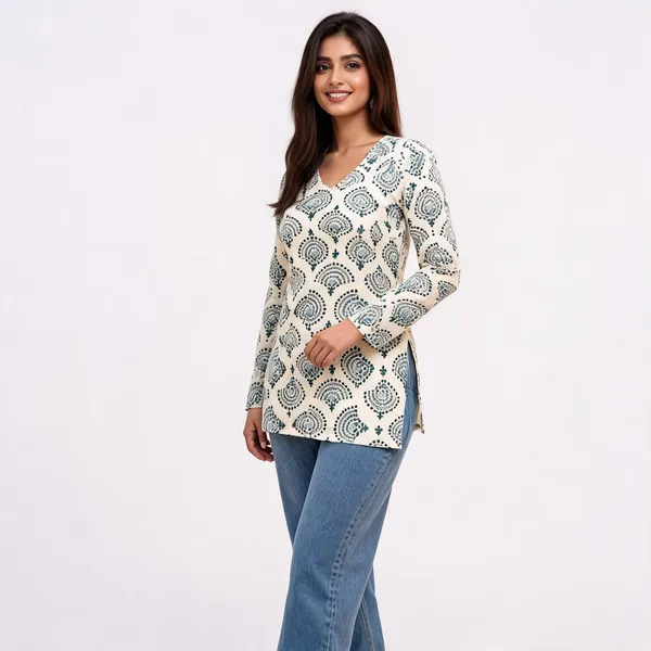 White_Cotton_Straight_Floral_Print_Short_Kurti_For_Women