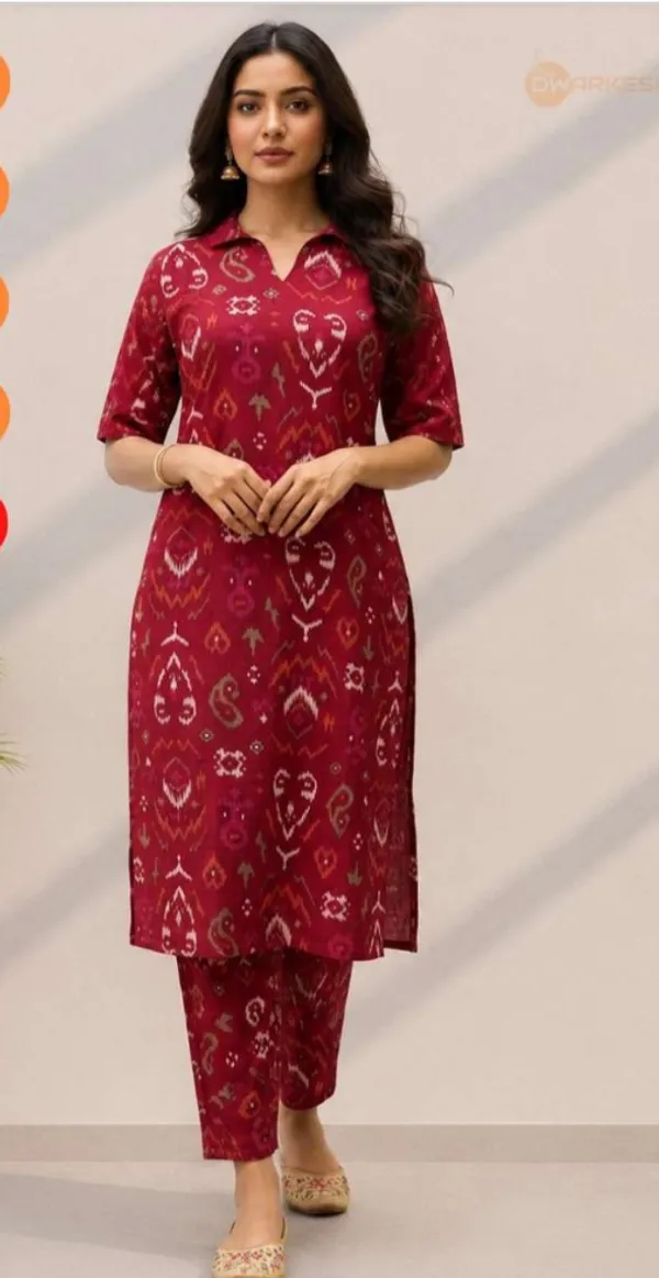 Maroon_Printed_Notch_Collar_Straight_Kurta_Pant_Co-Ord_Set_For_Women