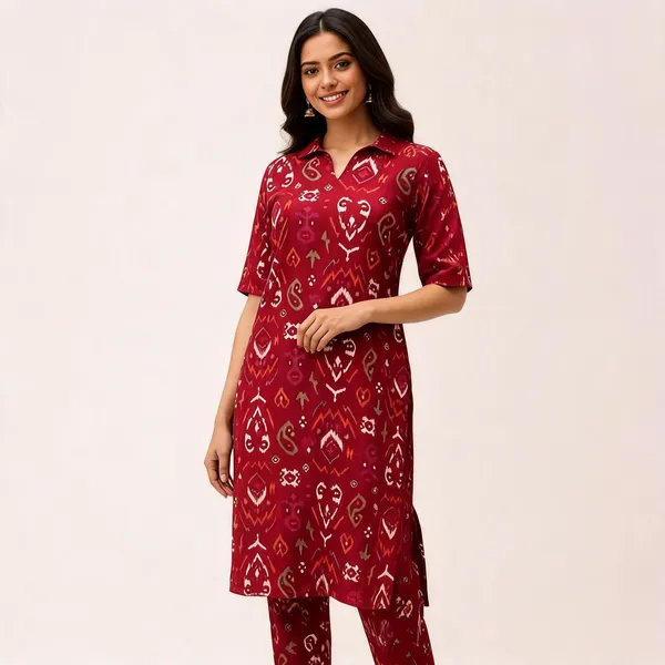 Maroon_Printed_Notch_Collar_Straight_Kurta_Pant_Co-Ord_Set_For_Women