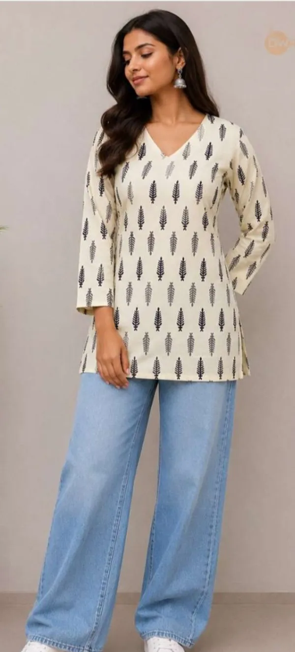 White_Cotton_Straight_Leaf_Print_V-Neck_Short_Kurti_For_Women