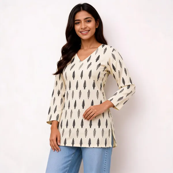 White_Cotton_Straight_Leaf_Print_V-Neck_Short_Kurti_For_Women