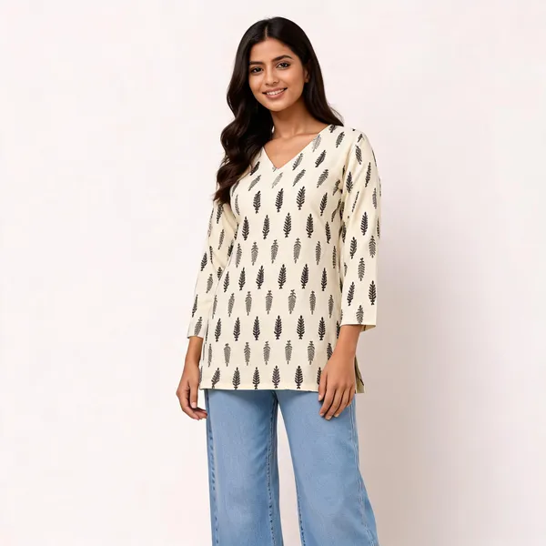 White_Cotton_Straight_Leaf_Print_V-Neck_Short_Kurti_For_Women