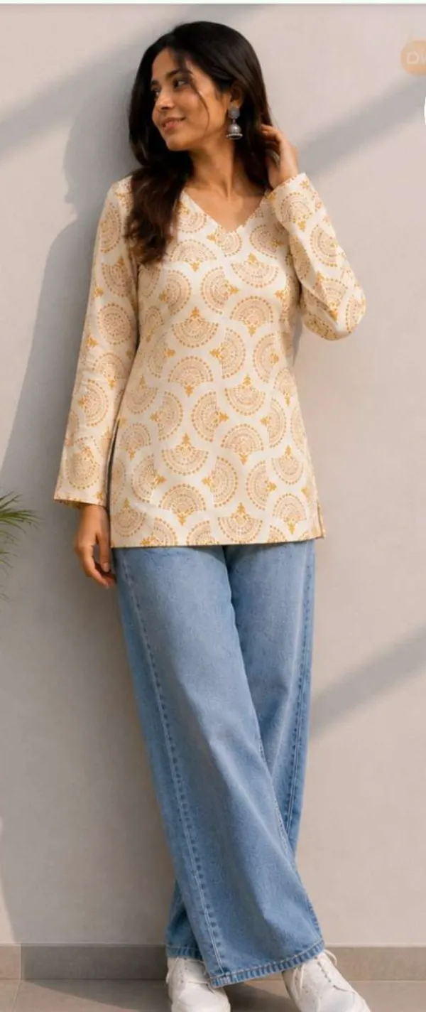 Beige_Cotton_Printed_Short_Kurti_For_Women