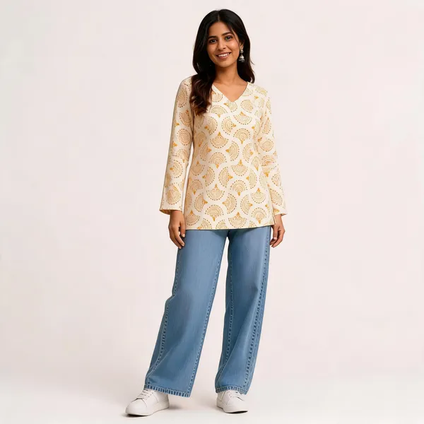 Beige_Cotton_Printed_Short_Kurti_For_Women