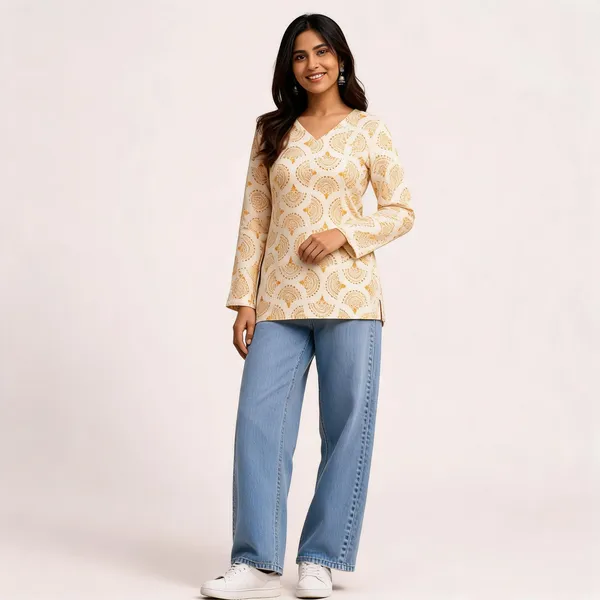 Beige_Cotton_Printed_Short_Kurti_For_Women