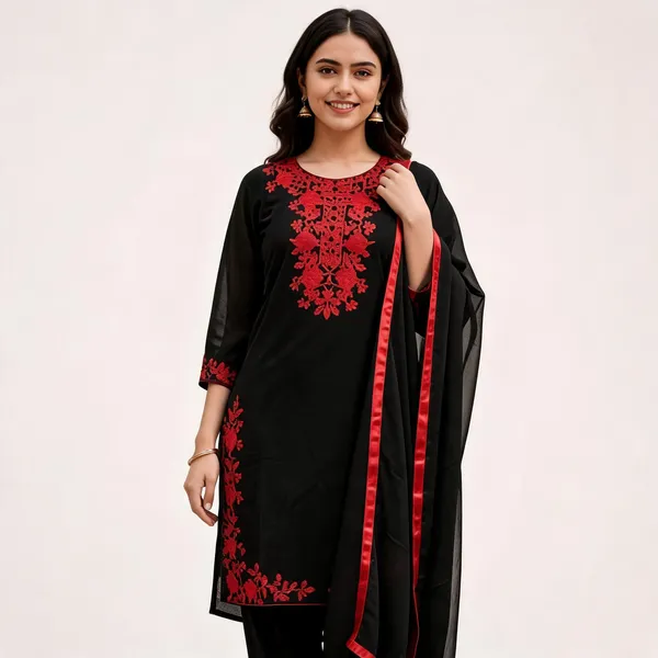 Black_Rayon_Slub_Straight_Embroidered_3_Piece_Suit_For_Women