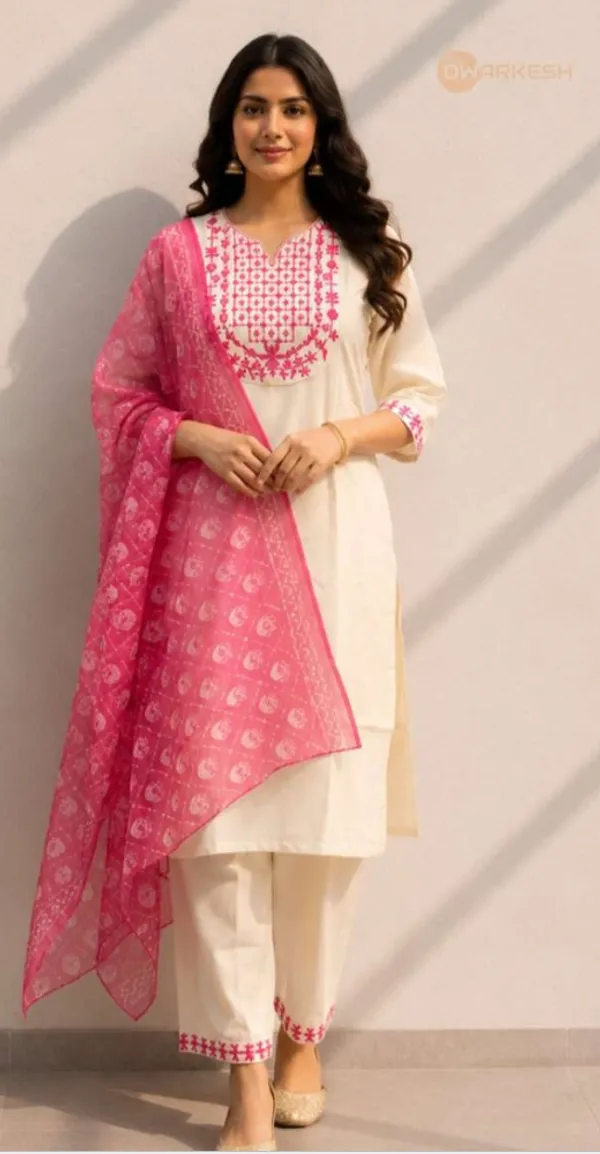 Off_White_Rayon_Straight_Embroidered_Kurta_Set_With_Pink_Dupatta_For_Women