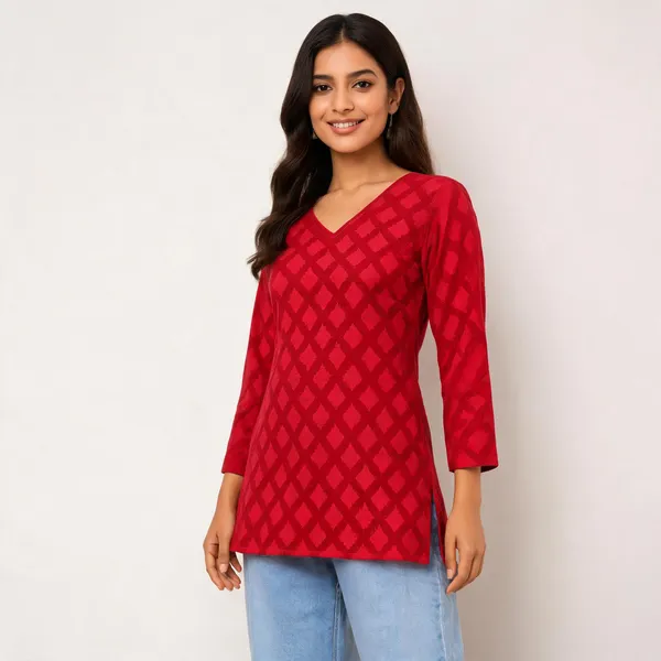 Red_Cotton_Relaxed_Short_Kurti_For_Women