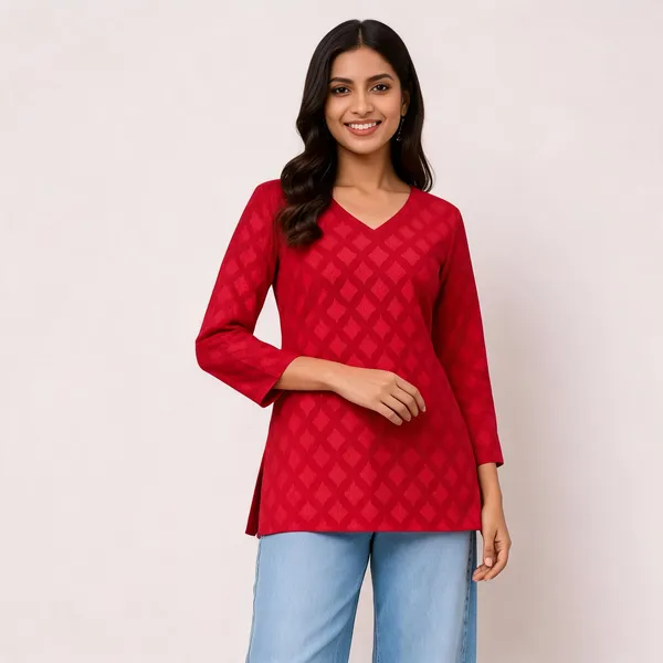 Red_Cotton_Relaxed_Short_Kurti_For_Women