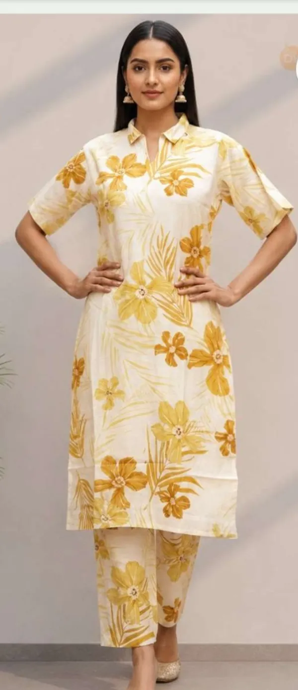Yellow_Cotton_Straight_Floral_Print_Co-Ord_Kurta_Set_For_Women