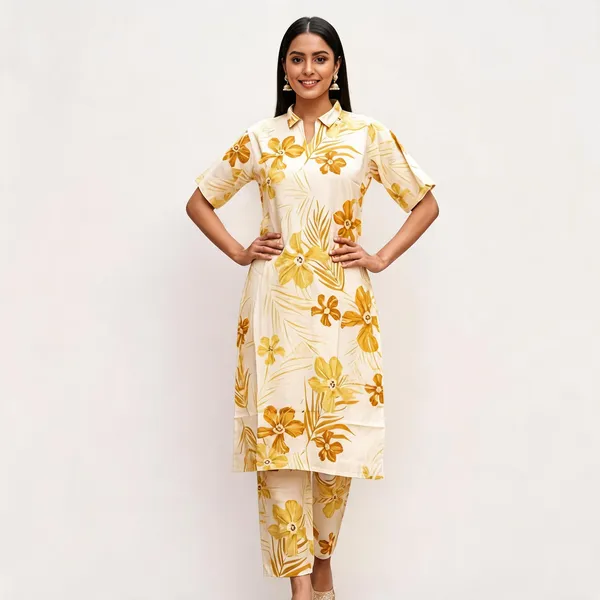 Yellow_Cotton_Straight_Floral_Print_Co-Ord_Kurta_Set_For_Women