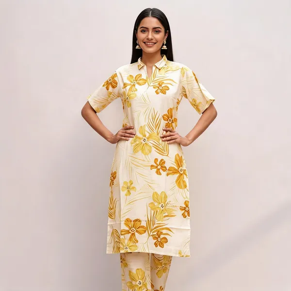 Yellow_Cotton_Straight_Floral_Print_Co-Ord_Kurta_Set_For_Women