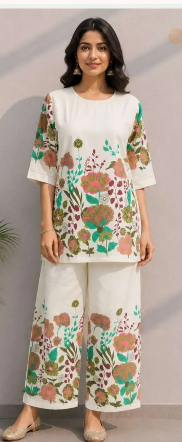 White_Khadi_Cotton_Floral_Print_Tunic_Palazzo_Co-Ord_Set_For_Women