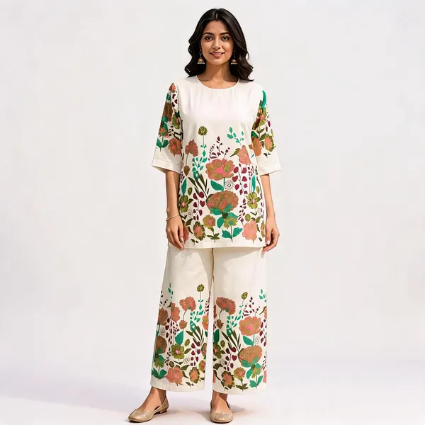 White_Khadi_Cotton_Floral_Print_Tunic_Palazzo_Co-Ord_Set_For_Women